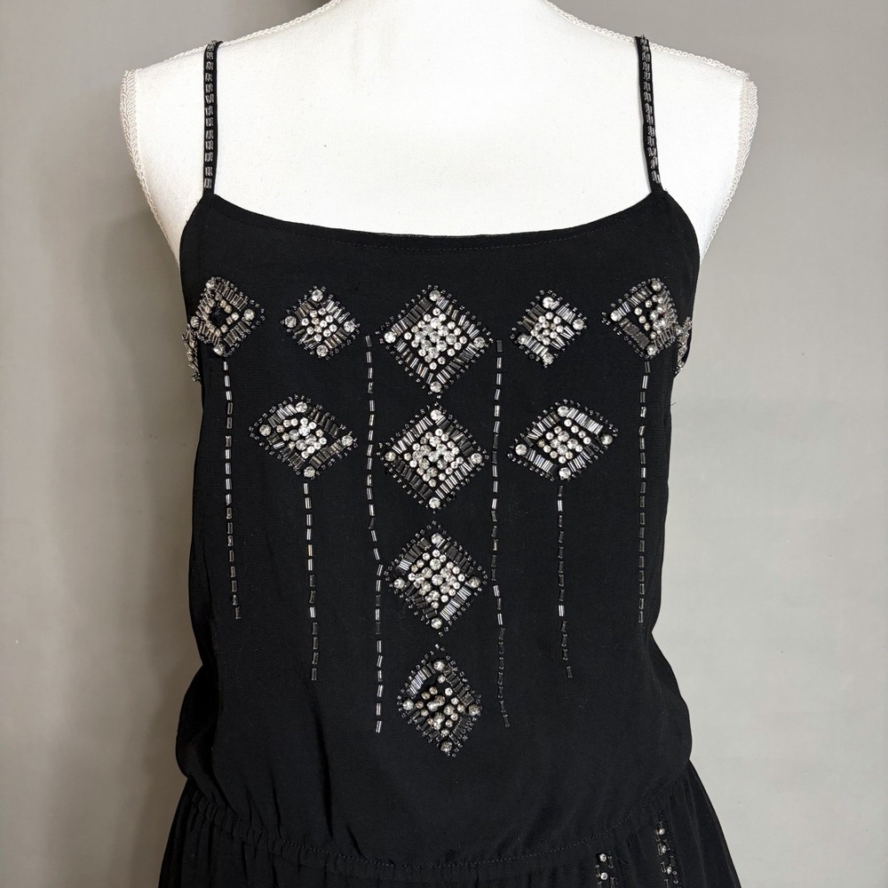Forever 21 Black Silver Beaded Sequin Mini Dress L Blouson Goth Party Dress - Picture 5 of 9